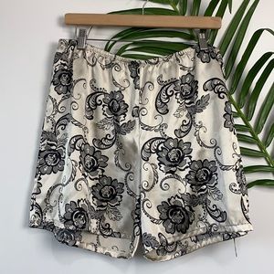 Vintage Handmade Satin Champagne & Black Floral Elastic Waist Shorts